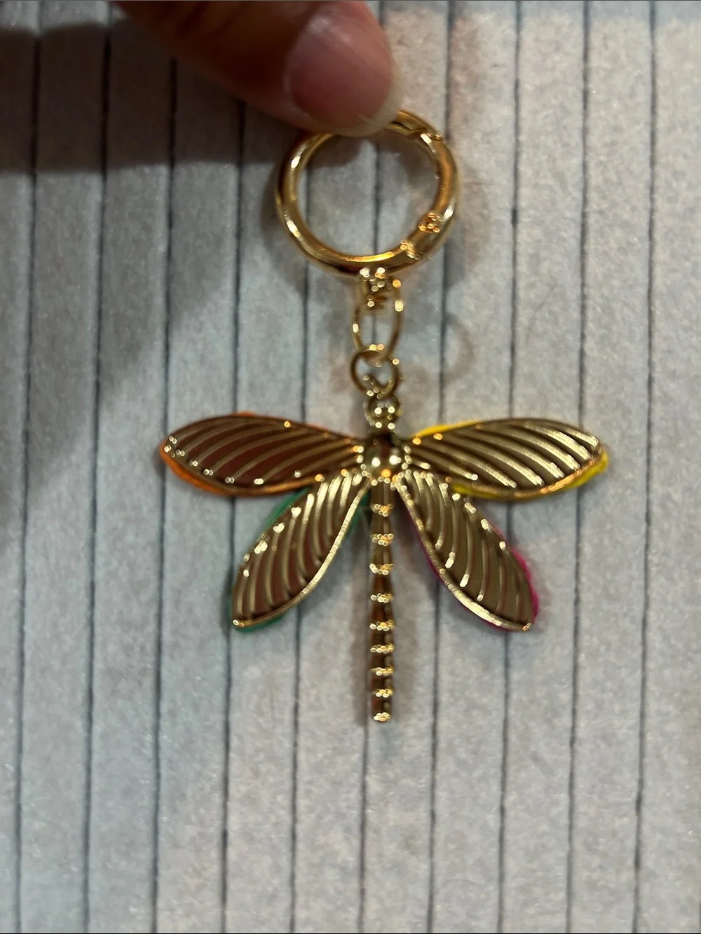 Gold Dragonfly Keychain with Yellow, Orange, Pink and Green Wings